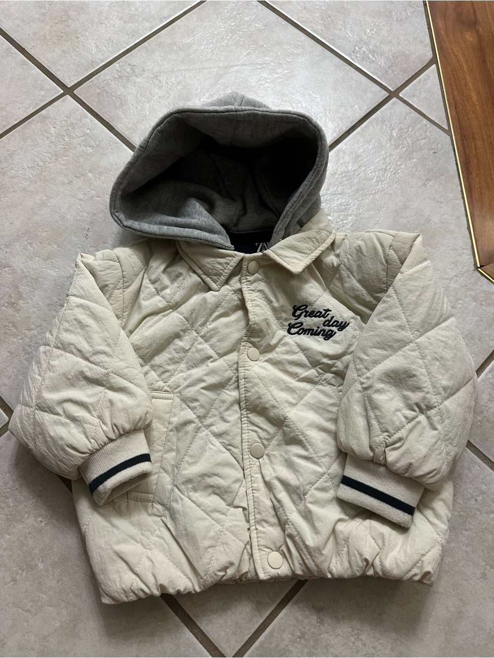 Zara Kids Quilted Hooded Jacket - Cream with Gray Hood